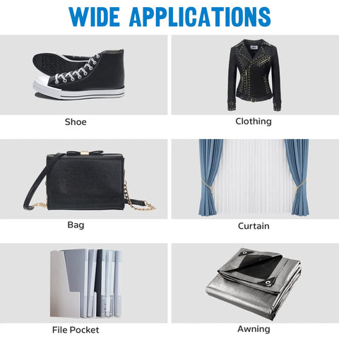 Table Mounted Eyelet And Grommet Machine Kit applications: shoes, clothing, bags, curtains, file pockets, and awnings.