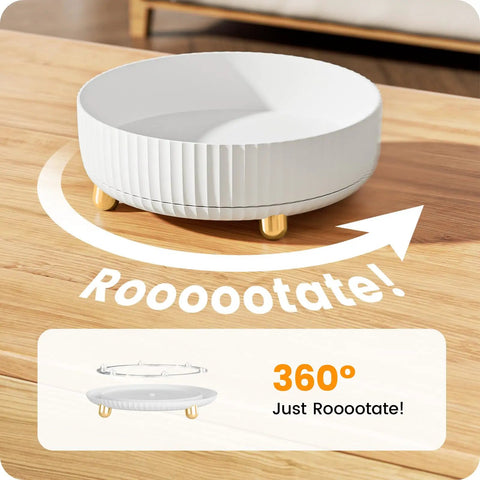 Keep Your Counter Totally On Point With This Compact White 360 Rotating Lazy Susan Makeup Trunk Smart Bathroom Storage Rack For Perfumes And Favorites That Always Stays Within Reach on a wooden surface.