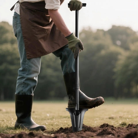 Person using 46 Inch Metal Detecting Shovel With Double Serrated Blade For Relic Hunting Gold Prospecting Landscaping And Garden Work Built With Manganese Steel Head And Carbon Handle For Rugged Outdoor Use In Rock Sand And Wet Ground