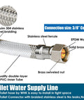 Close-up of stainless braided toilet water supply line with labeled parts for connection clarity.
