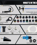The Real Deal Wrench Ready 33 Piece Radiator Pressure Tester And Coolant Vacuum Refill Tool Kit For Universal Car Truck Cooling System Leak Detection And Manual Air Bleed Filling Set For Under The Hood Jobs, showing included components.
