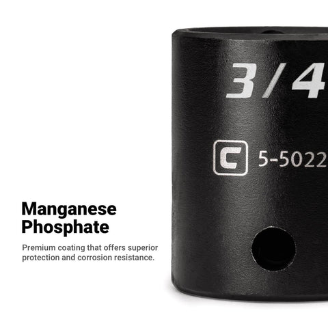 Close-up view of the Beefy Fifteen Sixteenths Inch Shallow Impact Socket Set One Half Inch Drive Six Point SAE with manganese phosphate coating.