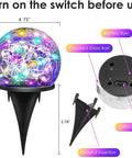2 Pack Solar Garden Lights With 80 LED Colorful Cracked Glass Balls featuring switch, battery box, ground insertion, and measurements