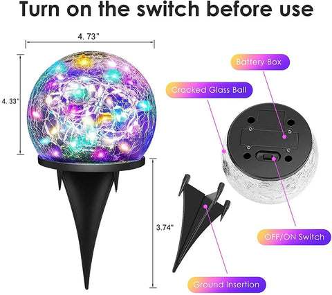 2 Pack Solar Garden Lights With 80 LED Colorful Cracked Glass Balls featuring switch, battery box, ground insertion, and measurements