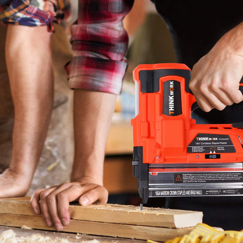 Cordless 20V 18 Gauge Brad Nailer Dual Mode Nail Gun For DIY Pros And Home Renovations in use on woodworking project