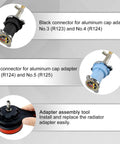 Black and blue connector adapters for aluminum cap fitting in The Real Deal Wrench Ready 33 Piece Radiator Pressure Tester.
