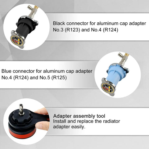 Black and blue connector adapters for aluminum cap fitting in The Real Deal Wrench Ready 33 Piece Radiator Pressure Tester.