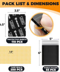 Card Shipping Protector Kit With Bubble Mailers And Tape Seals For Collectible Cards, Includes 110 Card Protectors, 55 Bubble Mailers, 250 Seals, Black, showing pack list and dimensions.