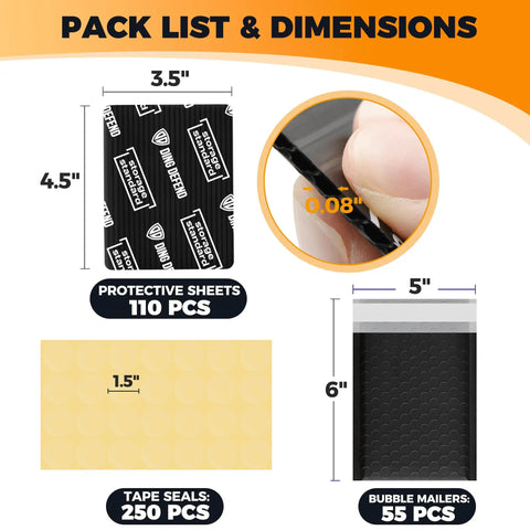 Card Shipping Protector Kit With Bubble Mailers And Tape Seals For Collectible Cards, Includes 110 Card Protectors, 55 Bubble Mailers, 250 Seals, Black, showing pack list and dimensions.