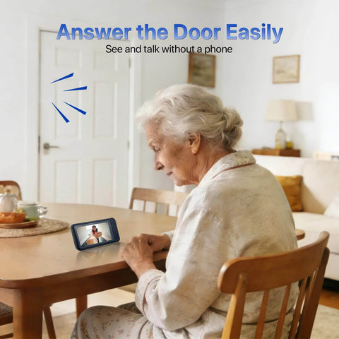 Woman using Wireless HD Video Doorbell With 4.5 Inch Indoor Monitor No WiFi Or App Needed Two Way Talk Night Vision