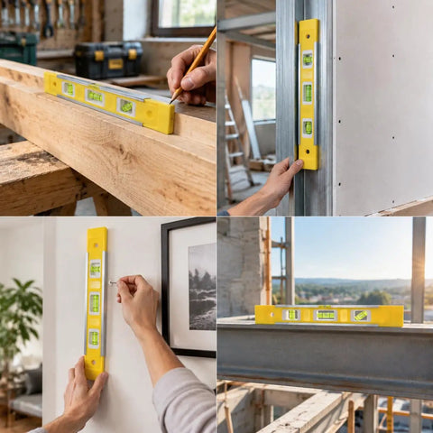 Spirit Level, Aluminum Alloy in yellow, measuring level on wood and wall for precise alignment, suitable for various tasks.