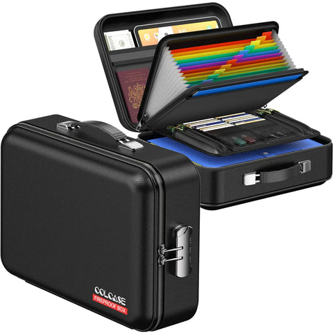 Black Hard Shell Fireproof Document Safe Box With Lock Waterproof Fire Resistant Storage for important papers and laptop.