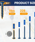 Image showing different sizes of Blue Anti Corrosion Pocket Hole Screws 1 Inch Coarse Thread Wood Screws with 228 pieces.