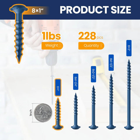 Image showing different sizes of Blue Anti Corrosion Pocket Hole Screws 1 Inch Coarse Thread Wood Screws with 228 pieces.