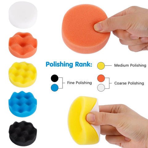 Colorful foam pads of Car Detailing Drill Polishing Pad Kit With 39 Pcs, Includes 7 Pcs 5 Inch And 31 Pcs 3 Inch Buffing Pads And Compound