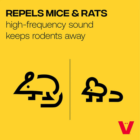 Diagram of rodent symbols with text 'Repels Mice & Rats' for PestChaser Pro Heavy Duty Ultrasonic Rodent Repeller For Indoor Use Keeps Mice And Rats Out Of Basements Attics Garages And Warehouses In Large Spaces Plug In Great For Basements Workshops Garages And Storage Areas In Homes And Small Businesses.
