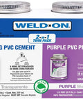 Twin Pack 780 PVC Regular Bodied Plumbing Solvent Cement And Purple Primer Set packaging with cans shown