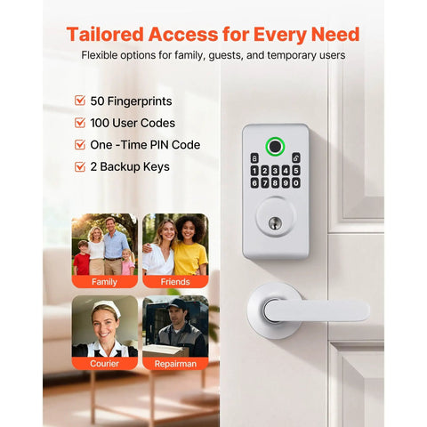 Silver Fingerprint Deadbolt Keyless Entry Door Lock With Hella Secure Biometric Access featuring user code options and backup keys.