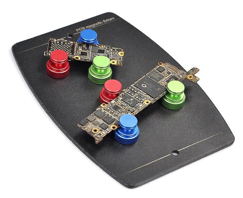 Dope Magnetic Third Hand Soldering Station For PCB Work with colorful magnetic pillars holding two PCBs on stable metal base