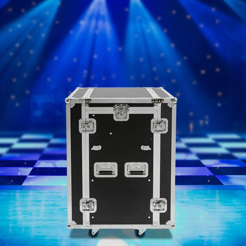 Front view of 14U PA DJ Rack Heavy Duty Mobile Audio Equipment Cabinet for DJs and Live Events with solid plywood build and steel frame.