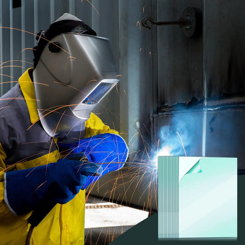 Welder using 20 Pack 4.5 By 5.25 Inch Clear Welding Lenses, 0.04 Inch Thick, Replacement Helmet Lenses, Universal Shield For Arc Welding