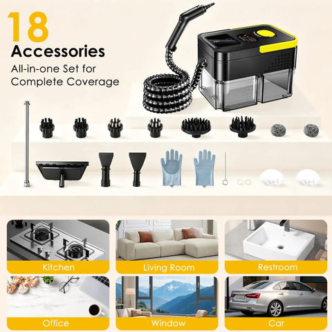 Huitine Portable Steam Cleaner With 1.9 Qt Tank Delivers Powerful High Temp Steam For Stubborn Grease And Dirt On Grout Stovetop And Tiles, 18-piece accessory set.