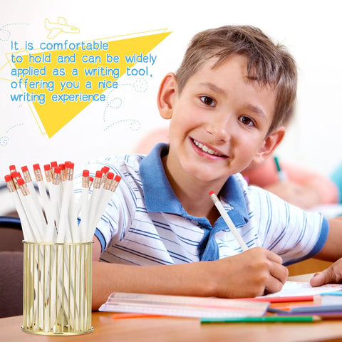 Child using 24 Pieces Round Pencils With Erasers HB Graphite Wood Pencils For School, Drawing And Sketching, White in classroom