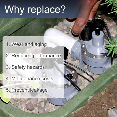 Irrigation valve diaphragm replacement parts; two gray plastic diaphragms with black wiring in a garden bed