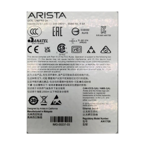 Rock Solid 24 Port 400GbE OSFP Data Center Network Switch information label showing power inputs and specifications.