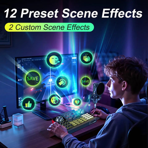 Person using All-In-One Podcast And Streaming Studio Bundle With Audio Mixer And 3.5mm Condenser Microphone, effects on screen