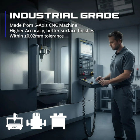 Technician operating 5-axis CNC machine for industrial-grade precision engineering with high accuracy and surface finishes.