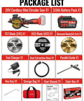 Package list for 20V Cordless Mini Circular Saw Featuring Beast Mode 4500 RPM Kick and included accessories.