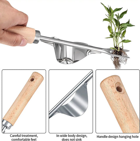 Twin Pack Hand Weeder Tools Kit With V-Shaped Forks Stainless Steel Manual Weed Puller Set showing ergonomic handle and weed removal