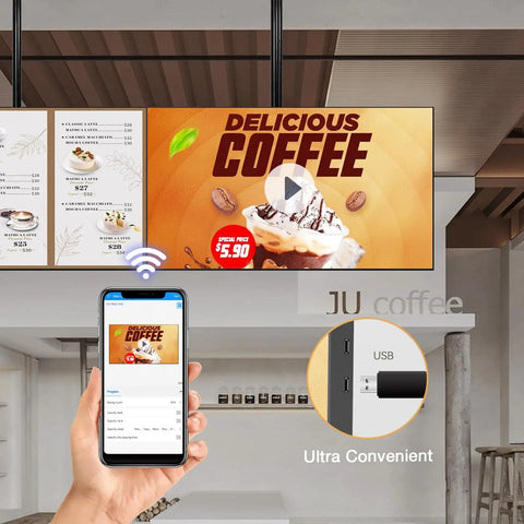 Heavy Duty 100 Inch Digital Signage Display Featuring Kickass 4K Resolution And Ultra Thin Zero Point Six Eight Bezel showcasing coffee menu.