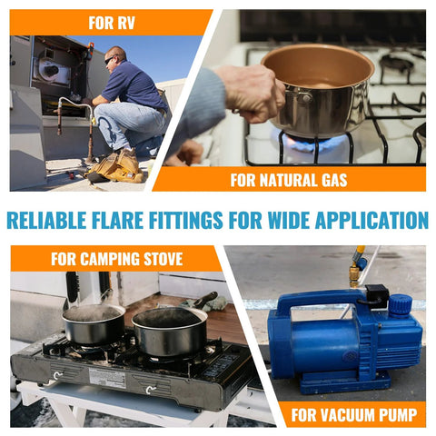 Brass 90° flare elbow fitting, 3/8 in, female swivel x male flare, shown in collage for RV and gas appliances