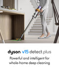 Modern interior with person using V15 Detect Plus Cordless Vacuum With Illumination Revealing Dust, 240AW Suction on hardwood floor.