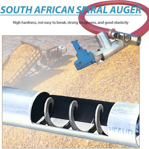 Close-up of Heavy-Duty 1500W Screw Conveyor With 60-Inch Reach, showcasing spiral auger and industrial-grade performance.