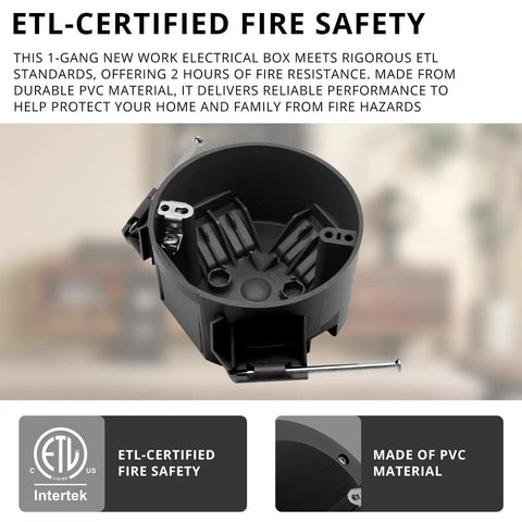 New Work 4 Inch Round Ceiling Electrical Box 1 Gang Black PVC ETL Listed 20 Cubic Inches Nail In Ceiling Box 2 Pack