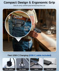 Cordless Air Duster With 300000 RPM Brushless Motor, 8000mAh Battery in pocket, shown charging with USB-C options.