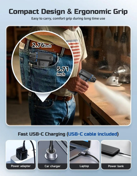 Cordless Air Duster With 300000 RPM Brushless Motor, 8000mAh Battery in pocket, shown charging with USB-C options.