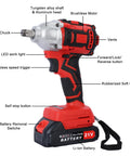 Ehozirta Cordless Impact Wrench 1/2 Inch, 520Nm High Torque Brushless Motor Electric Tool With 2x 1500mAh Batteries showing features and design.