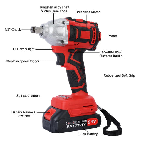 Ehozirta Cordless Impact Wrench 1/2 Inch, 520Nm High Torque Brushless Motor Electric Tool With 2x 1500mAh Batteries showing features and design.