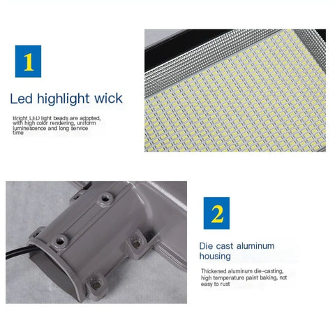 Close-up of LED highlight wick and die-cast aluminum housing of the Outdoor Solar Security Flood Light With Remote And Dusk To Dawn Sensor Super Bright Led Yard Lighting Badass Weatherproof Motion Activated Night Lamp Plug And Play Wiring Free Setup.