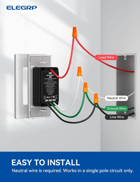 Wiring diagram showing installation of Slick Matte White Smart Dimmer Switch 2 Pack Single Pole Wi-Fi Touch Control.