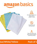 Amazon Basics microfiber cleaning cloths, blue, white, and yellow; 24-pack
