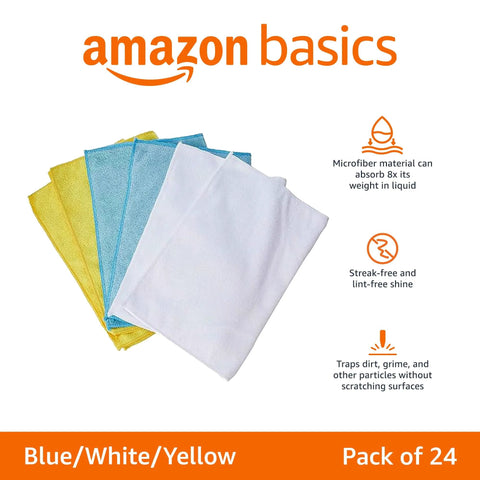 Amazon Basics microfiber cleaning cloths, blue, white, and yellow; 24-pack