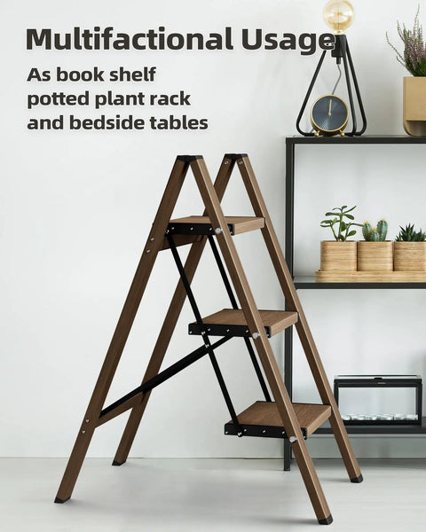 Three Step Foldable Aluminum Stool Ladder For Home Use Go To Lightweight Space Saving Step Stool With Easy Open Close Ideal For Reaching High Cabinets Ceilings Kitchens Garages And Laundry Rooms, 3-step open