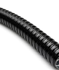 Close-up of Heavy Duty 2 Inch Liquid Tight Flexible Metal Conduit PVC Coated Galvanized Steel Core Black Wire Raceway 100 Foot Roll.