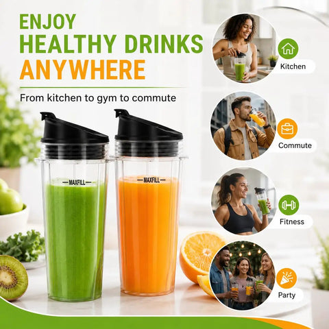 Two Pack 18 Ounce Blender Cups With Sip N Seal Flip Lids Replacement for High Power Countertop Blenders BL480 BL481 BL482 BL490 BL640 BL680 Auto IQ 1000W Series And Duo