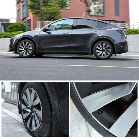 Ride Ready 4 Piece Wheel Covers For Tesla Model Y Juniper 19 Inch Killer Spiral Aero Hubcaps sleek black design on vehicle.